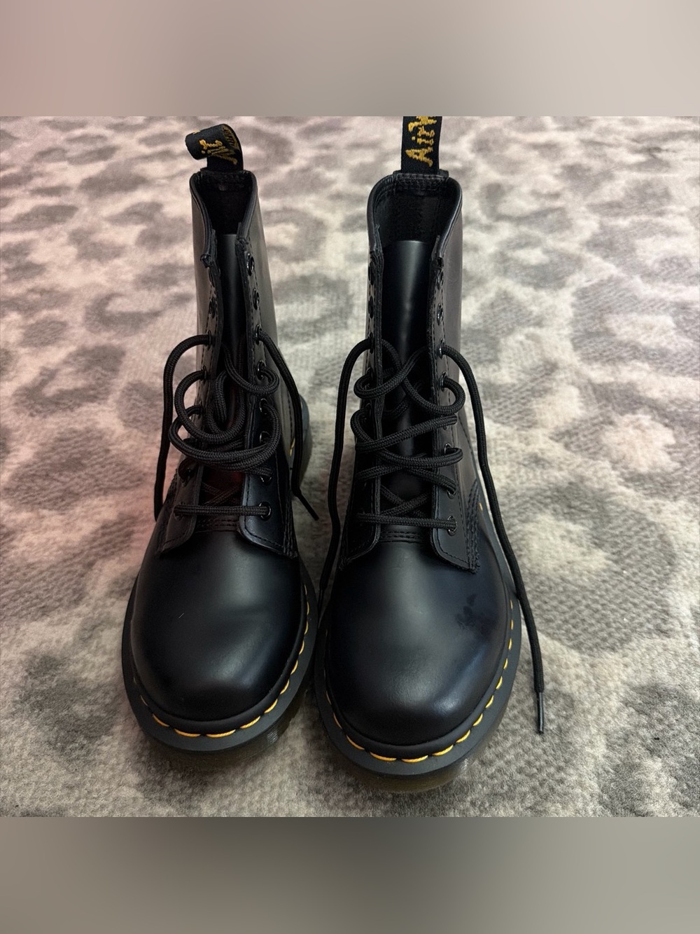 Dr. Martens Black Lace-Up Leather Boots with Yellow Stitching